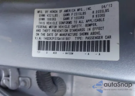 2013 Honda Accord Sport z USA, uszkodzony, nr VIN 1HGCR2F57DA181987